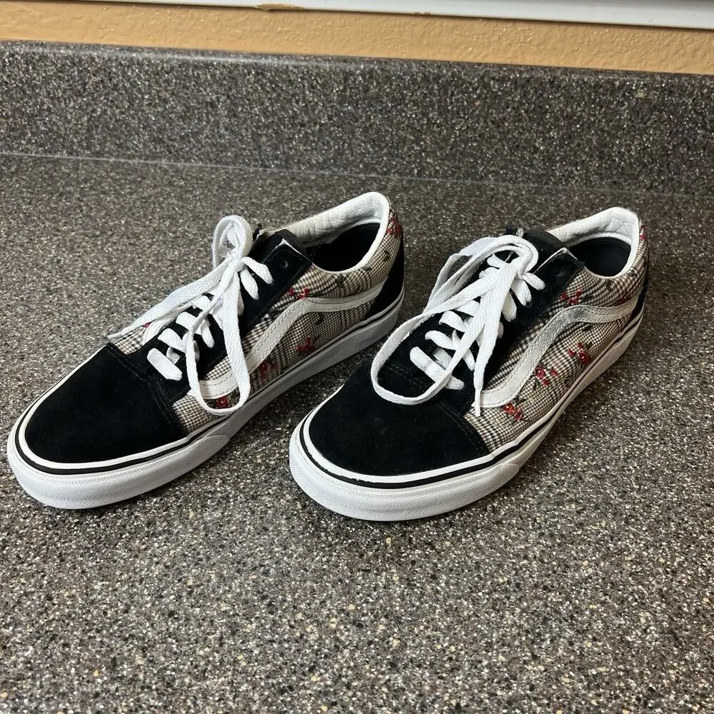 VANS Floral/Plaid Black Suede Canvas Skate Shoe Womens Sz 9.5 Lace Up Low Mens 8